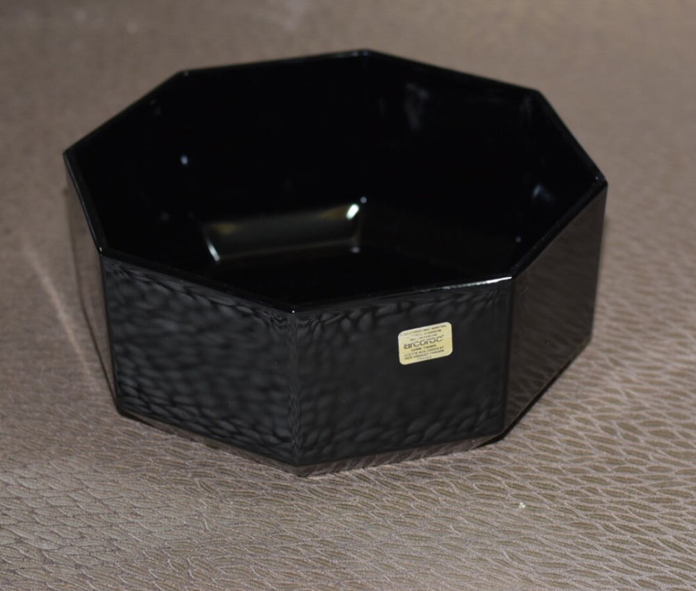 Vintage ARCOROC France Octime Black Serving Large 7" Octagon Glass Bowl